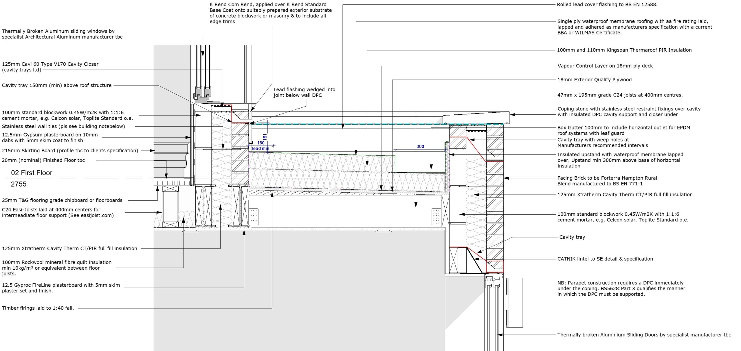 Flat roof and parapet detail