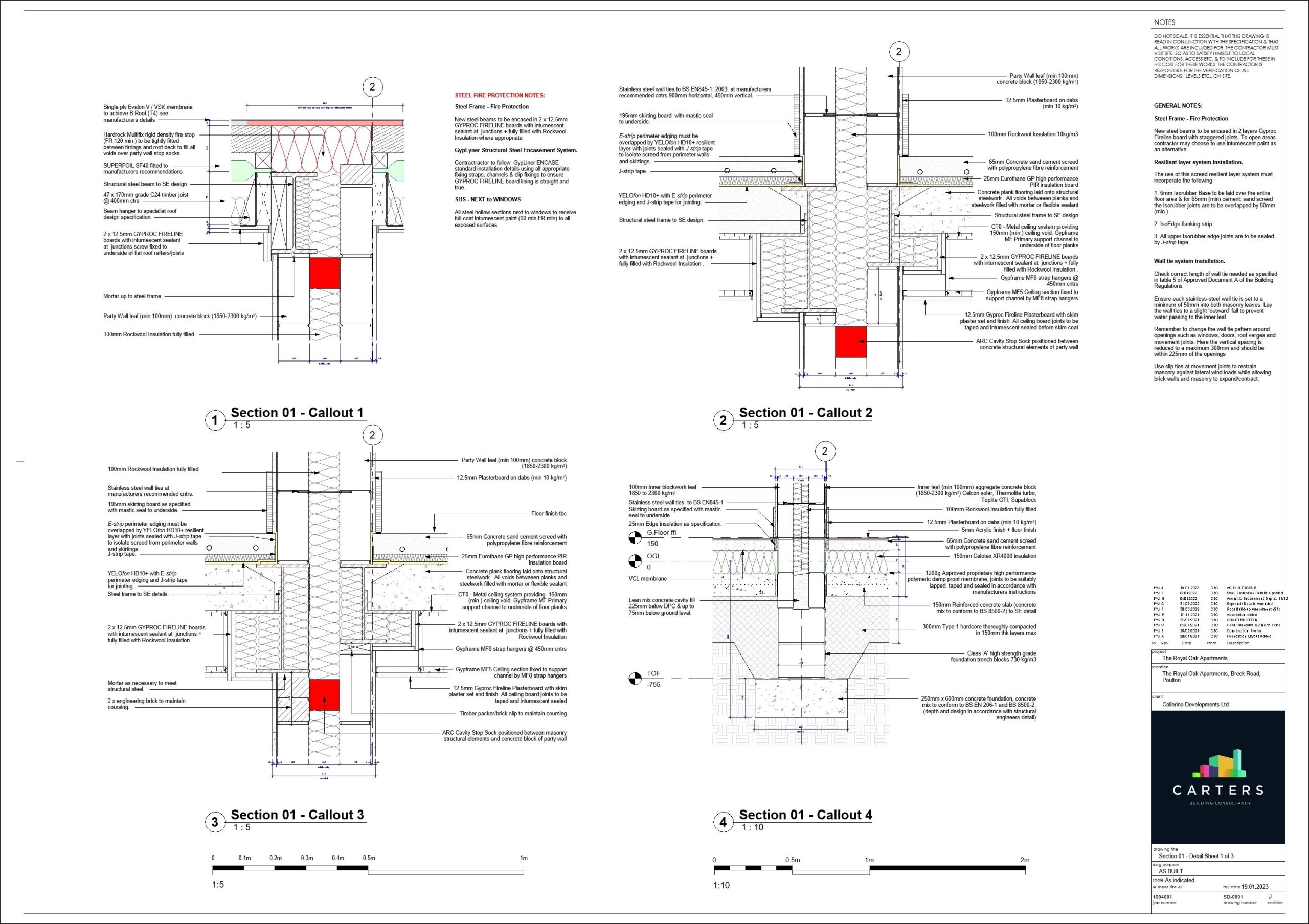 Technical construction details for steel frame building
