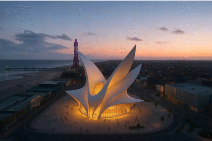 Aerial sunset view of the proposed Phoenix Pavilion, a new landmark arena concept on Blackpool’s seafront with Blackpool Tower behind it.