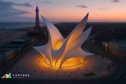 Aerial sunset view of the proposed Phoenix Pavilion, a new landmark arena concept on Blackpool’s seafront with Blackpool Tower behind it.