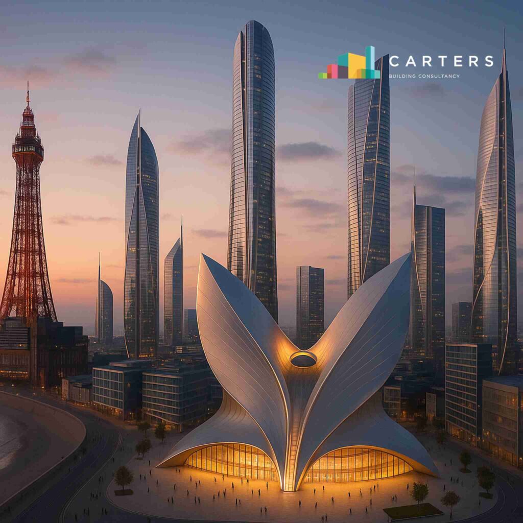 Phoenix Pavilion Blackpool arena exterior concept Exterior view of the proposed Phoenix Pavilion, a new Blackpool seafront arena concept with Blackpool Tower in the background.