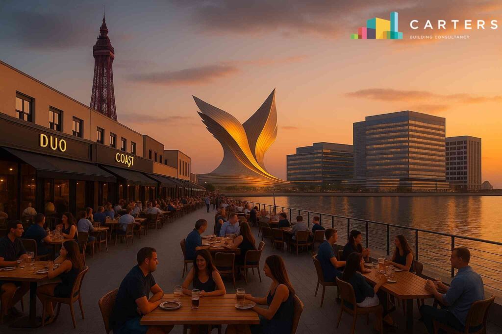 Phoenix Pavilion Blackpool seafront arena concept Waterfront dining beside the proposed Phoenix Pavilion, a new Blackpool seafront arena concept with the Blackpool Tower in the background.