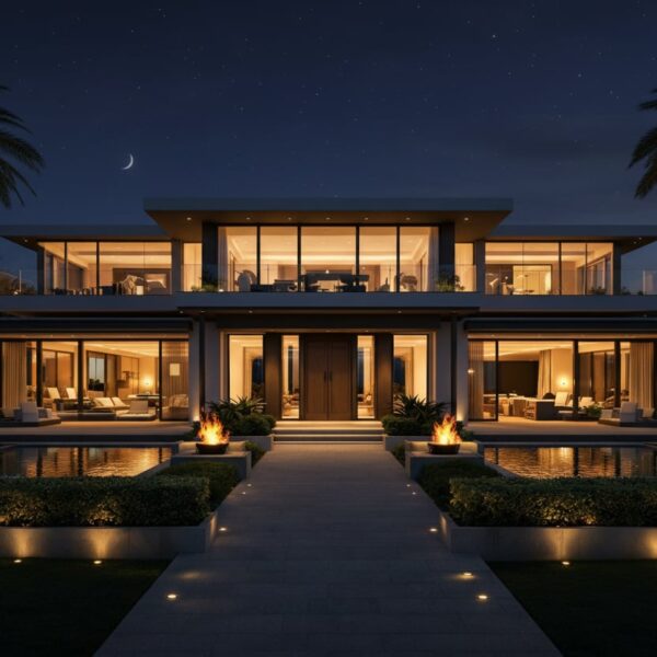 Front elevation concept for a luxury Miami private residence, defined by strong horizontal lines, deep overhangs, and refined modern detailing.