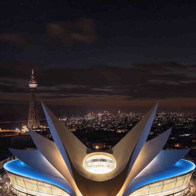 Night view of Phoenix Arena Blackpool with architectural lighting and event crowd