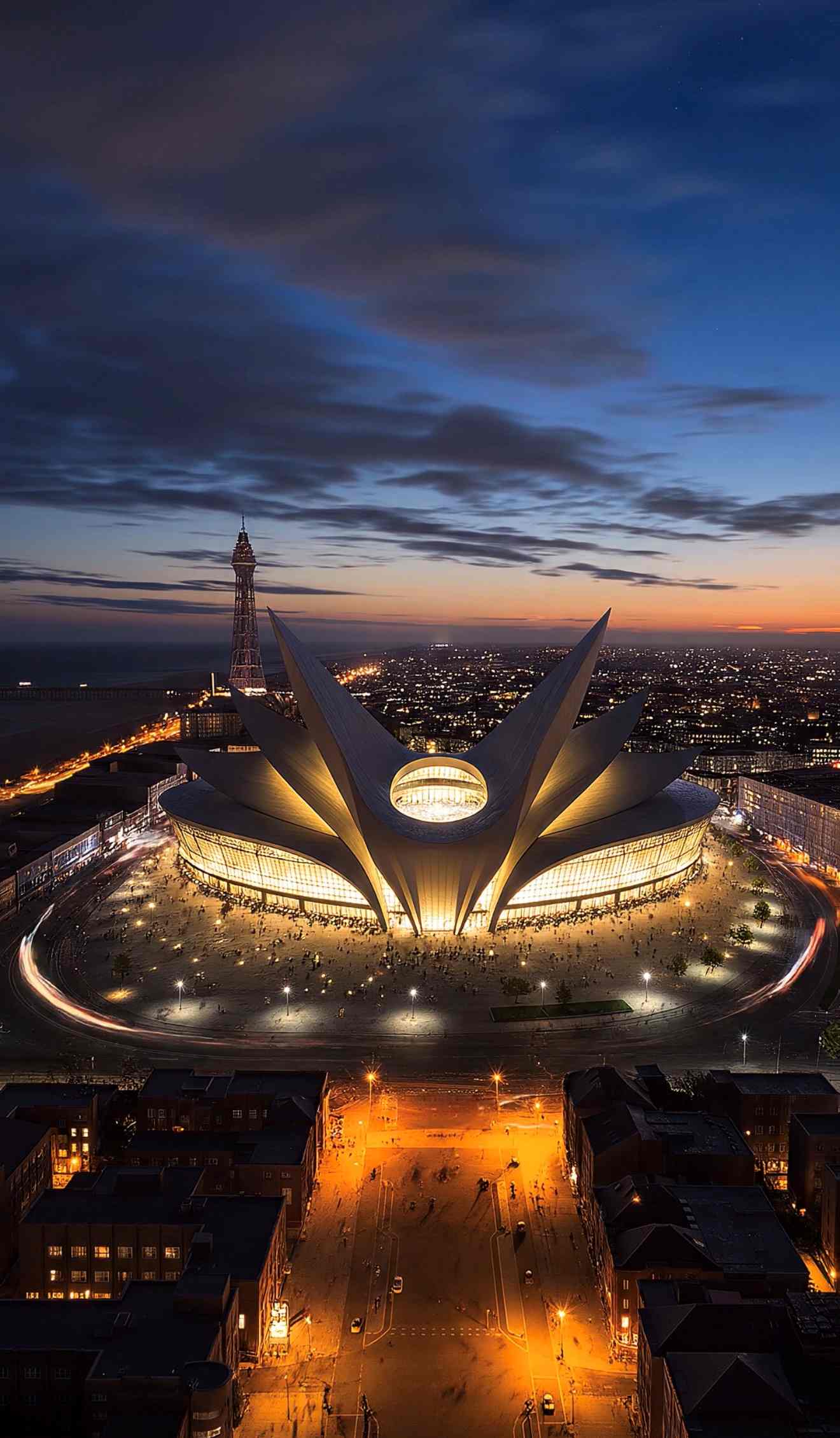 Aerial night view of the proposed Phoenix Arena Blackpool, a 20,000-seat entertainment venue at Blackpool Central beside Blackpool Tower, showcasing landmark architecture, public spaces and the town's regeneration vision.