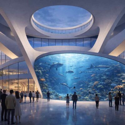 Concept visualisation of the Phoenix Arena's main entrance atrium, designed to create an unforgettable arrival experience through a dramatic public space centred around a feature marine aquarium and contemporary civic architecture.