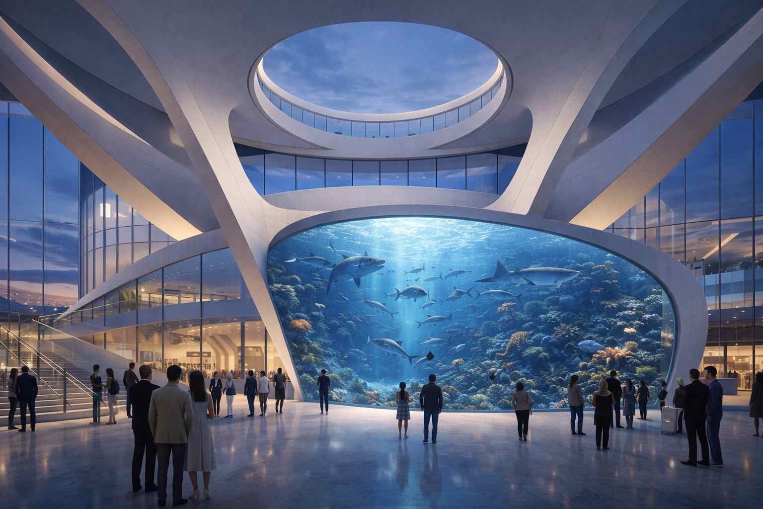 Grand entrance atrium inside the proposed Phoenix Arena Blackpool featuring a spectacular marine aquarium, open public concourse and contemporary architecture for a world-class entertainment venue.