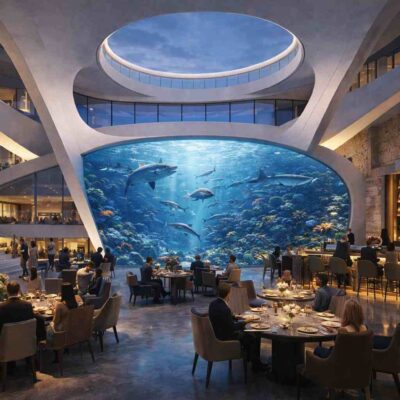 Concept visualisation of the Phoenix Arena's main entrance atrium, designed to create an unforgettable arrival experience through a dramatic public space centred around a feature marine aquarium and contemporary civic architecture.