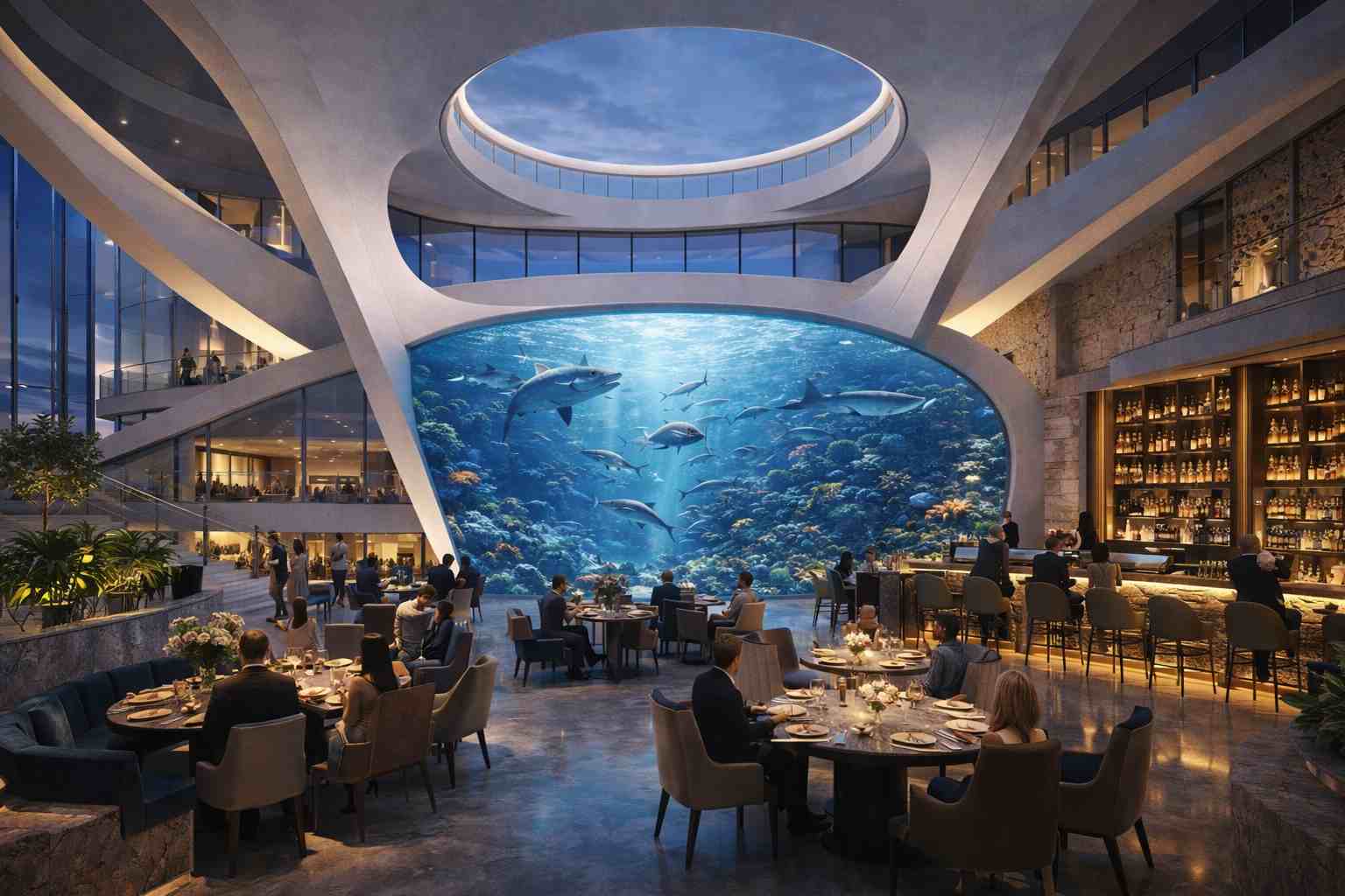 Phoenix Arena Blackpool hospitality restaurant featuring a large marine aquarium, premium dining spaces and contemporary interior architecture overlooking the proposed 20,000-seat entertainment venue.