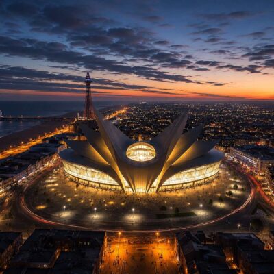 Panoramic aerial visualisation of the independently developed Phoenix Arena concept, illustrating a proposed 20,000-seat entertainment venue at Blackpool Central. Positioned alongside Blackpool Tower and the famous promenade, the concept demonstrates how landmark architecture could support regeneration, tourism and year-round entertainment on the Fylde Coast.