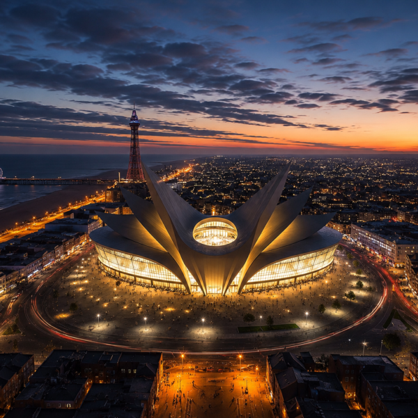 Landscape aerial view of the proposed Phoenix Arena Blackpool, showcasing a 20,000-seat entertainment venue beside Blackpool Tower and the seafront at sunset.